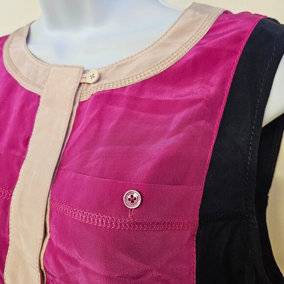 Tory Burch Angie Magenta Normandy Blue Lichee Silk Dress Size 8 Colorblock READ - Picture 2 of 12